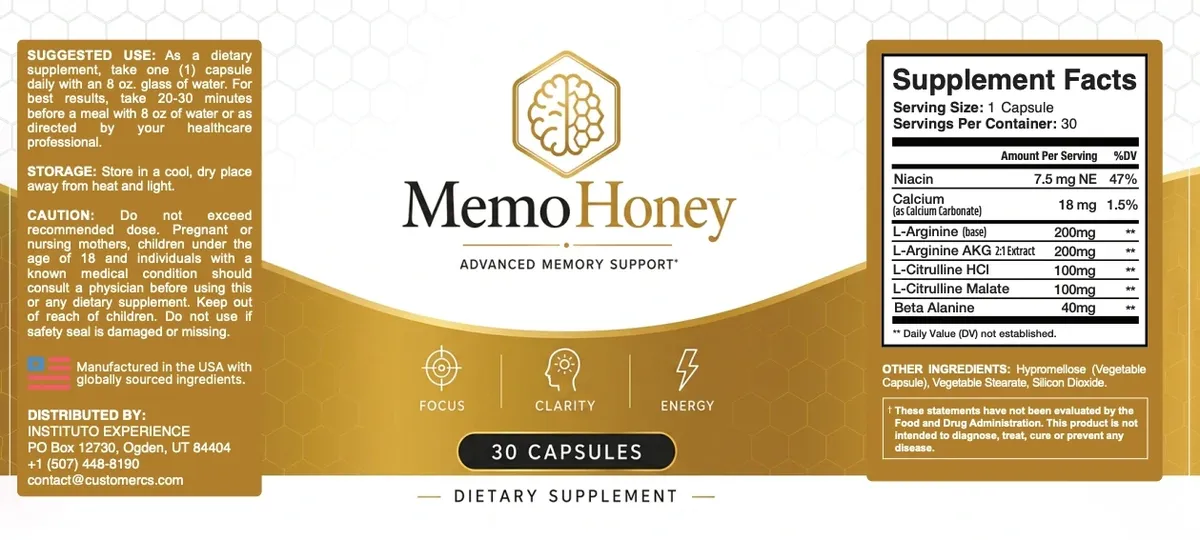 The full MemoHoney label: suggested use, caution, distributor, front panel and Supplement Facts