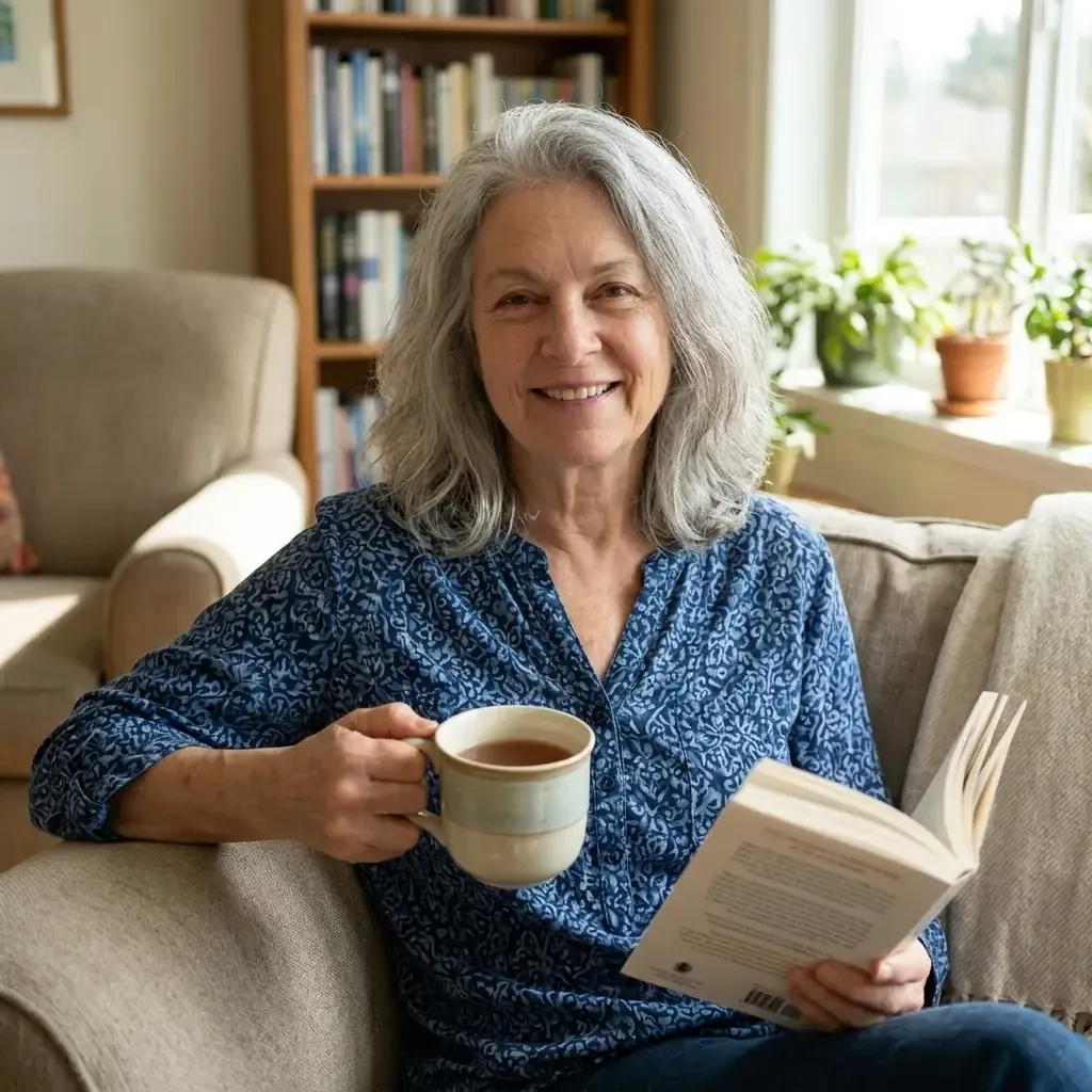 An older woman reading with a cup of tea
