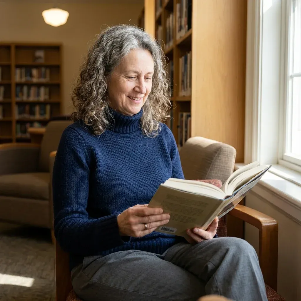 An older woman reading by a window