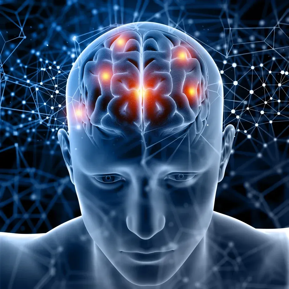 Illustration of a glowing brain inside a head