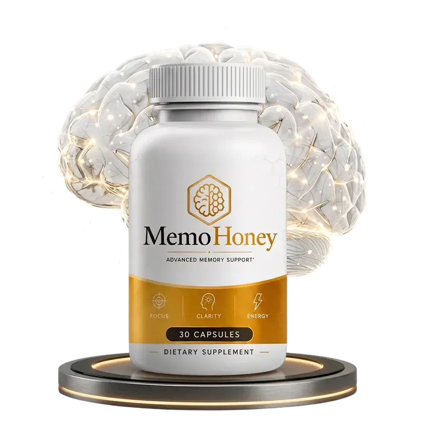 A MemoHoney bottle on a dark pedestal in front of a glass brain illustration
