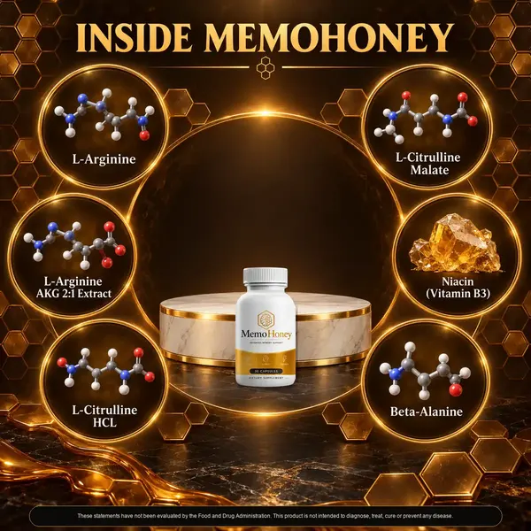 Brand graphic titled Inside MemoHoney, with six ingredient circles around a bottle on a stand