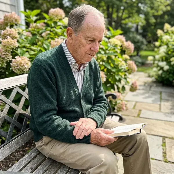 An older man in a green cardigan reading a book on a garden bench