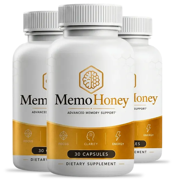 Three white MemoHoney bottles with gold labels reading Advanced Memory Support, 30 capsules